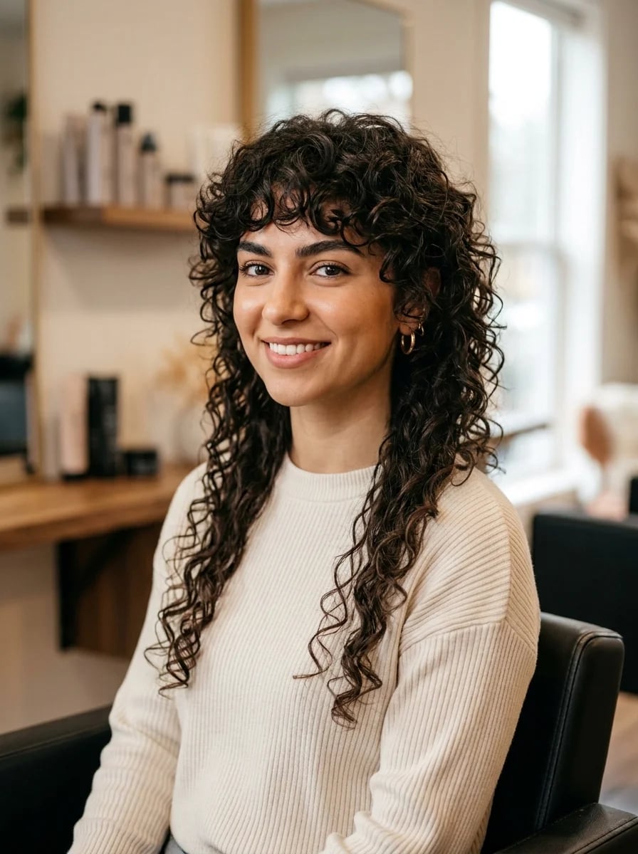 Collarbone Dark Brown Wolf Cut With Curtain Bangs, Close-Up Take Collarbone Dark Brown Wolf Cut With Curtain Bangs, Close-Up Take — Simple Curly Wolf Cut
