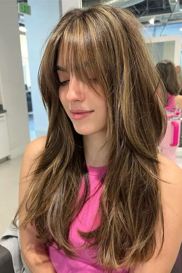 Mid-Back Dark Brown With Voluminous Blowout Mid-Back Dark Brown With Voluminous Blowout — Simple Curtain Bangs Long Hair