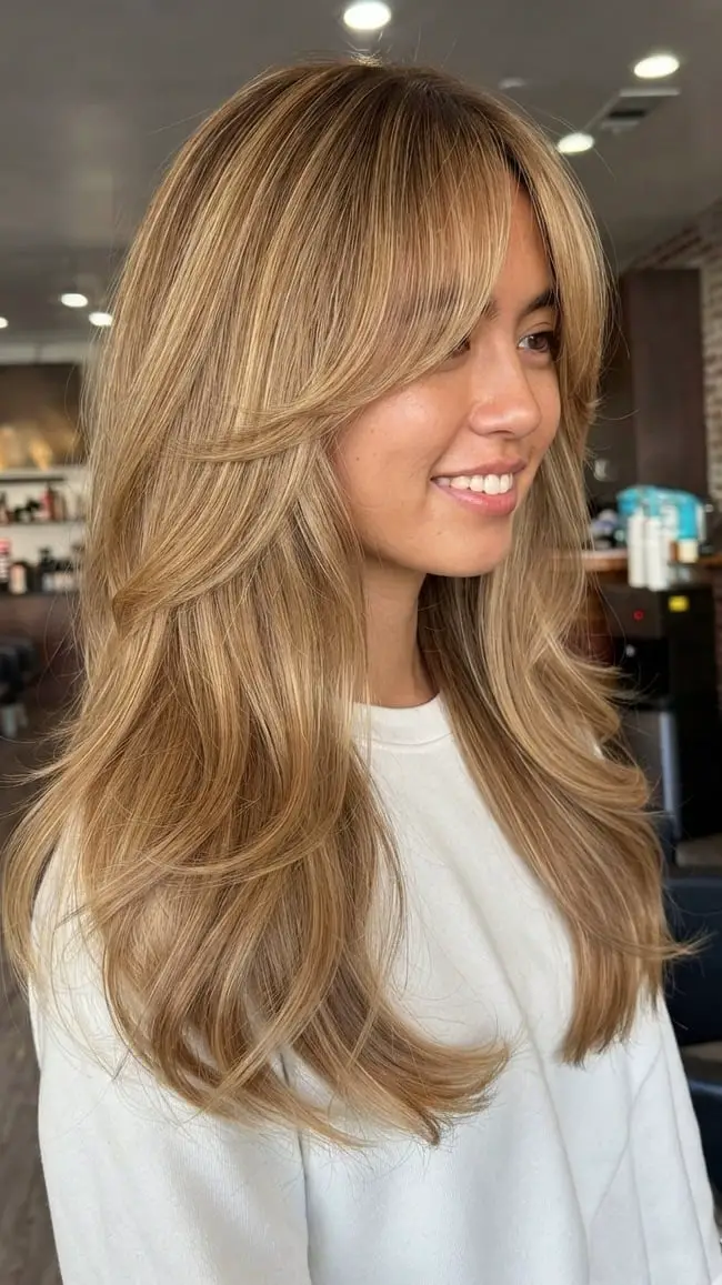 Mid-Back Blonde With Highlights Blowout Mid-Back Blonde With Highlights Blowout — Simple Curtain Bangs Long Hair