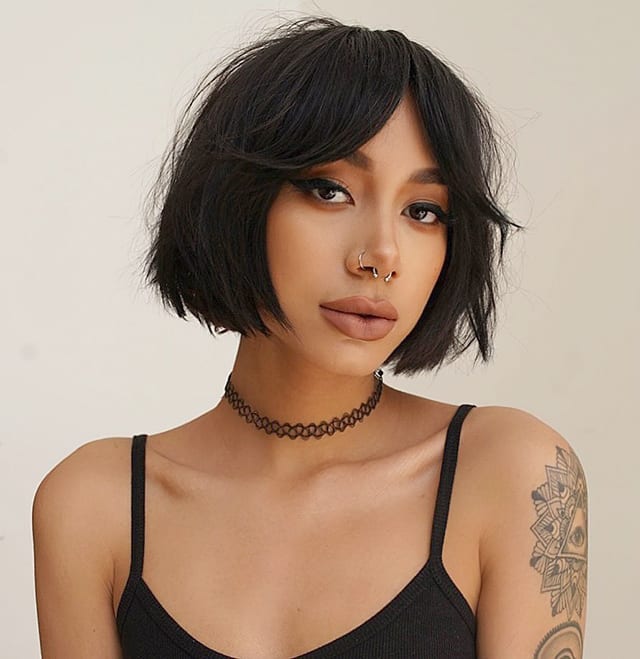 Short Black Bob With Smooth Curtain Bangs Short Black Bob With Smooth Curtain Bangs — Simple Curtain Bangs Short