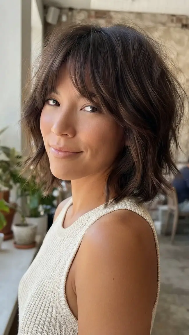 Mocha Brown Shag Bob With Textured Waves, Close-Up Take Mocha Brown Shag Bob With Textured Waves, Close-Up Take — Simple Curtain Bangs Short