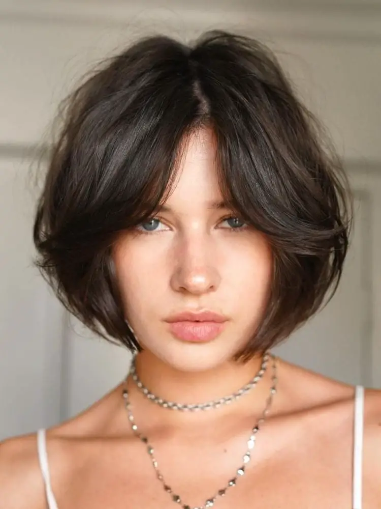Dark Brown Bob With Gentle Waves Dark Brown Bob With Gentle Waves — Simple Curtain Bangs Short