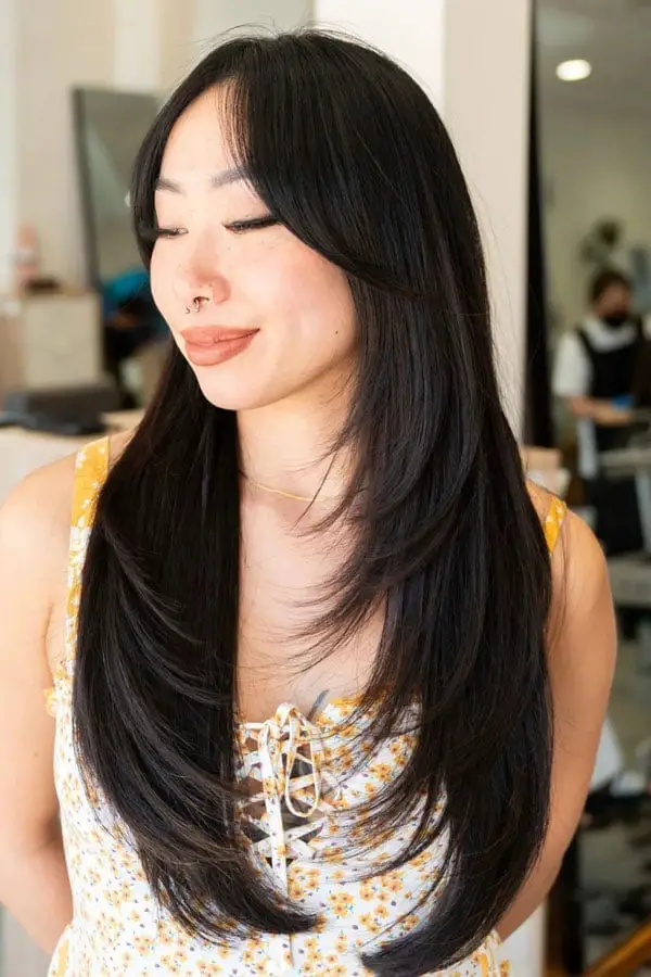 Mid-Back Jet Black Straight Hair With Long Curtain Bangs — Simple Curtain Bangs with Layers