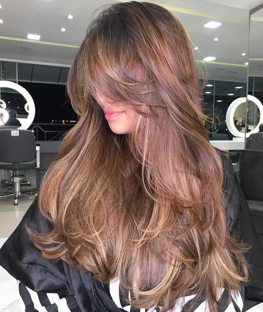 Mid-Back Brown With Highlights Voluminous Blowout And Curtain Bangs — Simple Curtain Bangs with Layers