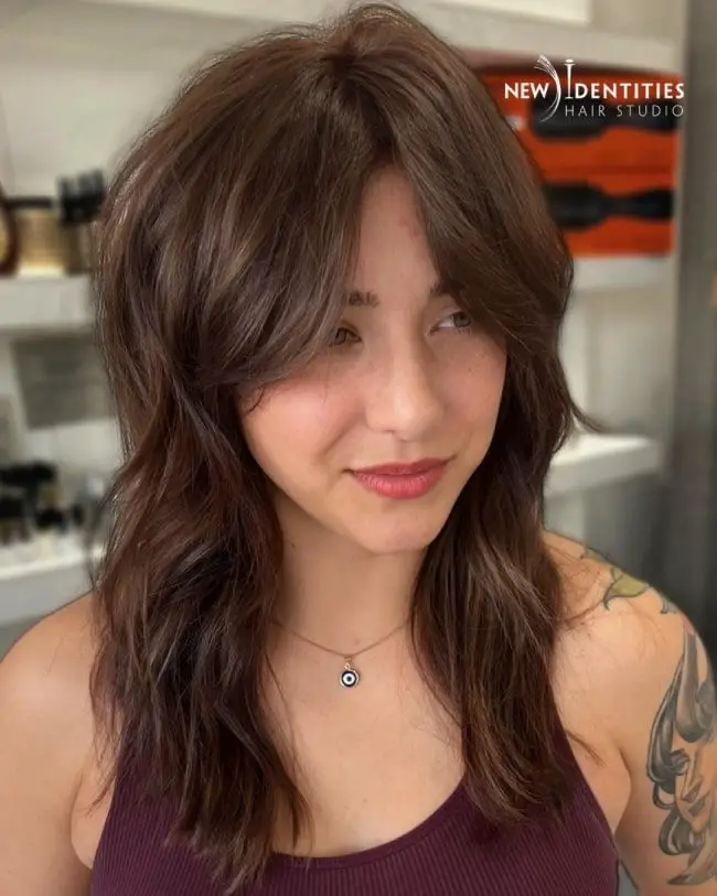 Mid-Back Dark Brown Shag With Layers And Curtain Bangs — Simple Curtain Bangs with Layers