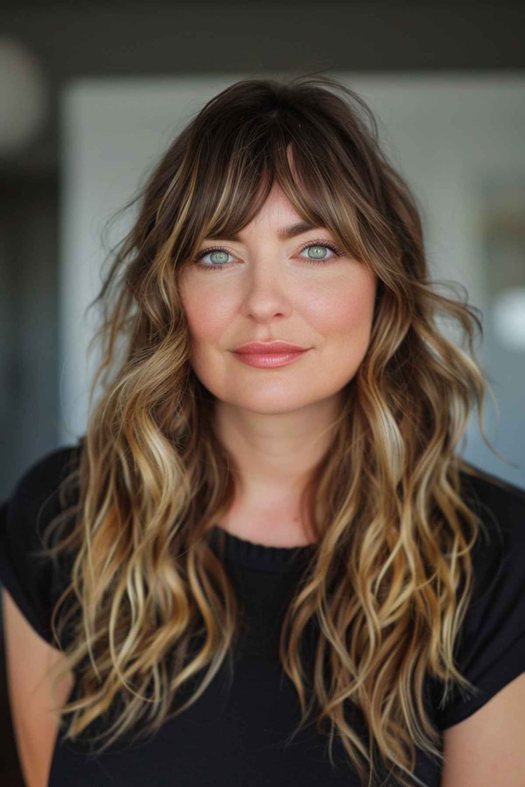 Mid-Back Dark Blonde With Highlights Wavy Blowout And Curtain Bangs — Simple Curtain Bangs with Layers