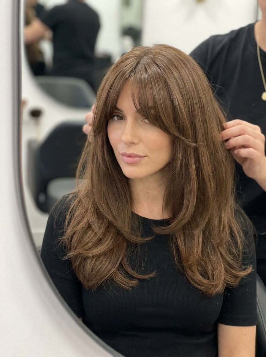 Collarbone Length Brown With Subtle Highlights And Curtain Bangs — Simple Curtain Bangs with Layers