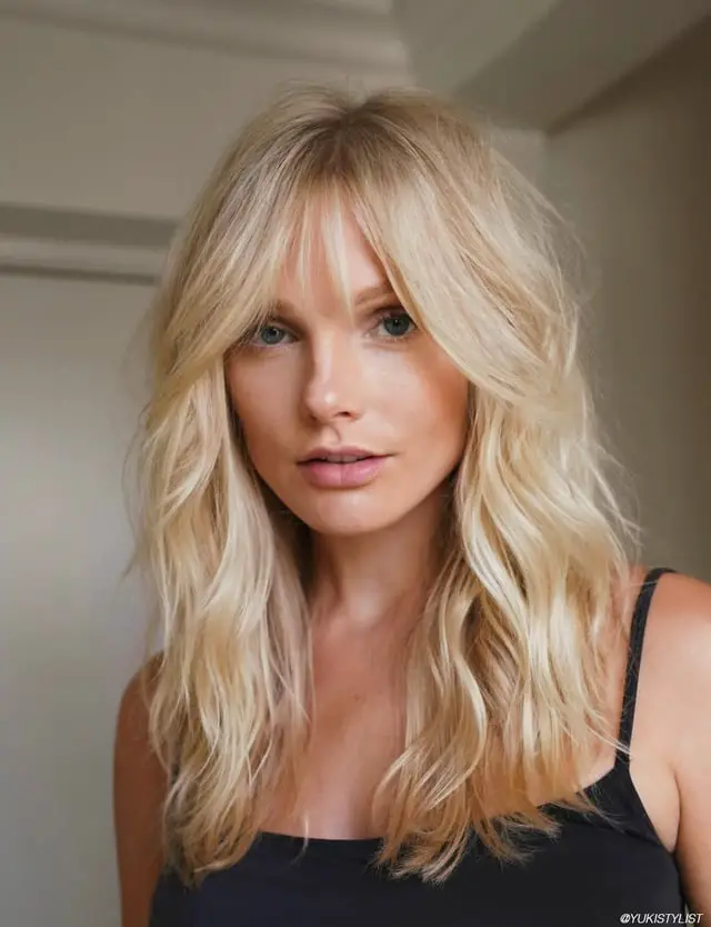 Collarbone Ash Blonde Shag With Layers And Curtain Bangs — Simple Curtain Bangs with Layers