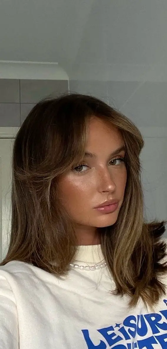 Shoulder Dark Brown Fine Hair Straight Blowout With Curtain Bangs — Simple Curtain Bangs with Layers