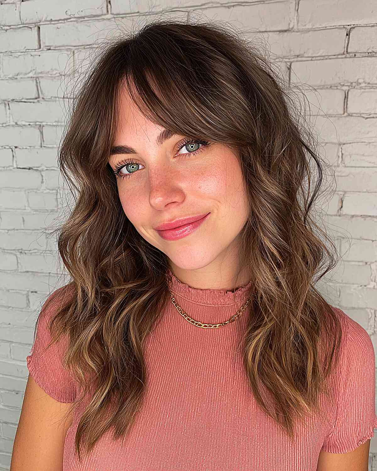 Collarbone Medium Brown With Highlights Air Dried With Curtain Bangs — Simple Curtain Bangs with Layers