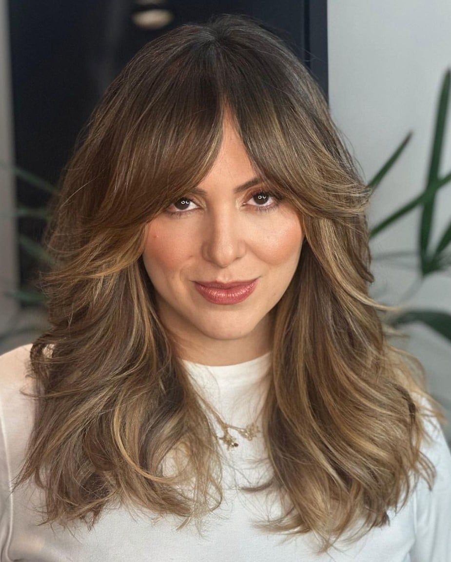 Collarbone Dark Blonde With Balayage Blowout And Curtain Bangs — Simple Curtain Bangs with Layers