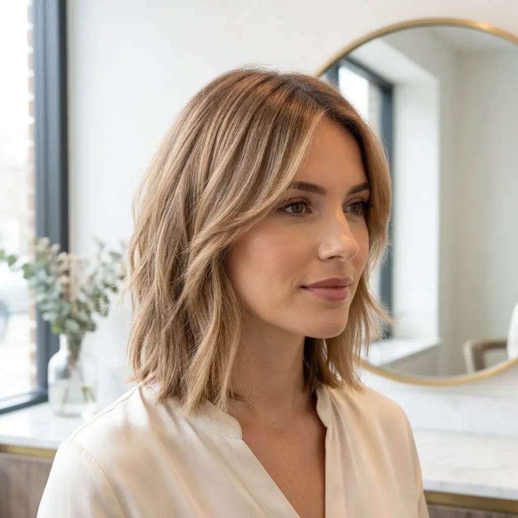 Mid-Back Warm Brown Balayage With Long Layers And Curtain Bangs — Simple Curtain Bangs with Layers