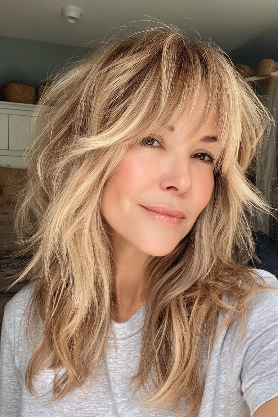 Shoulder Ash Blonde Shaggy Cut With Layers And Curtain Bangs — Simple Curtain Bangs with Layers