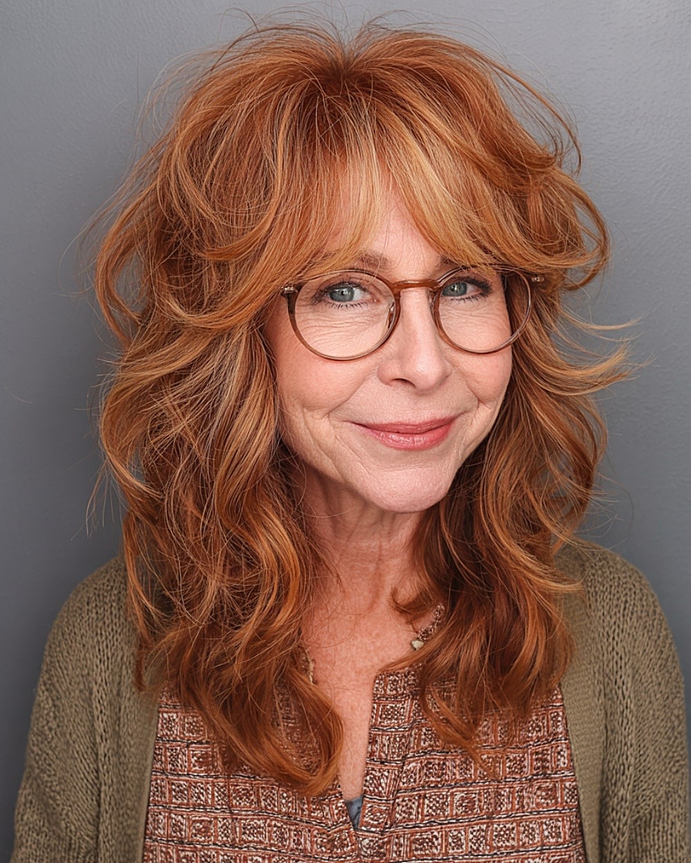 Mid-Back Copper Shag With Layers And Curtain Bangs — Simple Curtain Bangs with Layers