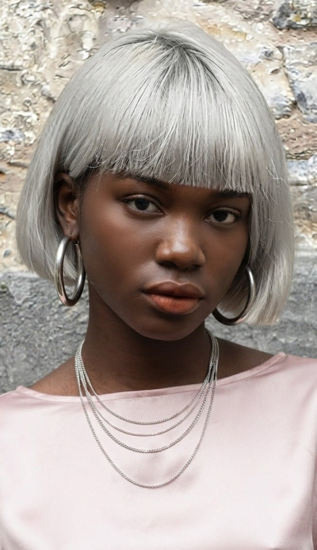 20 Trendy Short Haircuts for an Instant Refresh : Silver Blunt Bob with Bangs