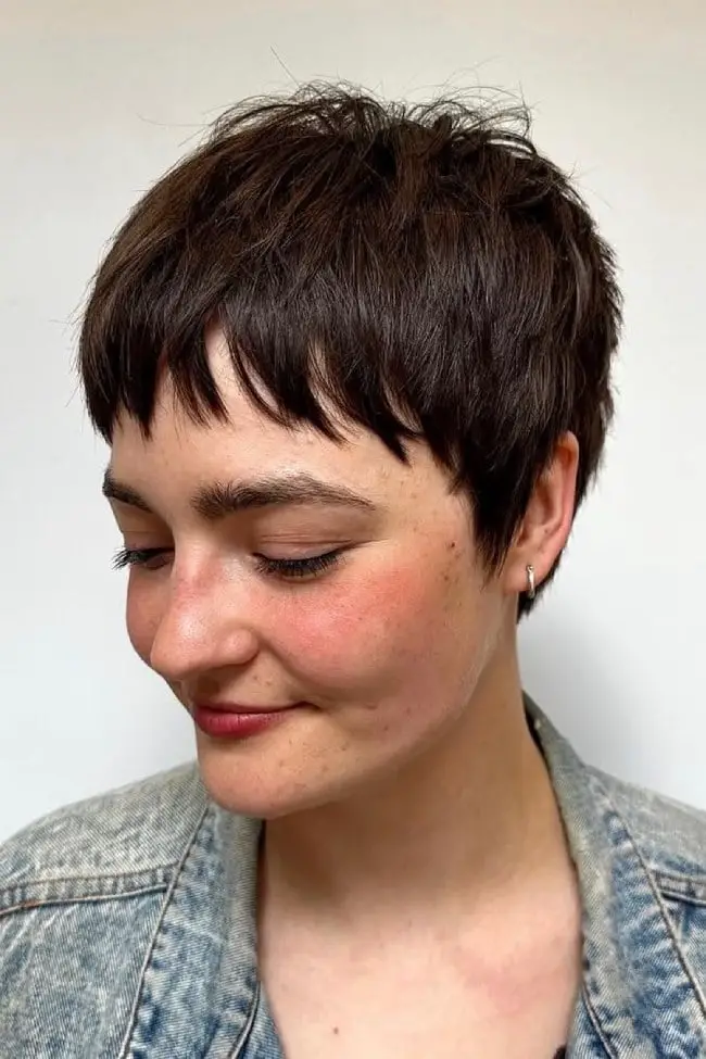 Short Dark Brown Pixie With Choppy Bangs — Simple Cut Bangs