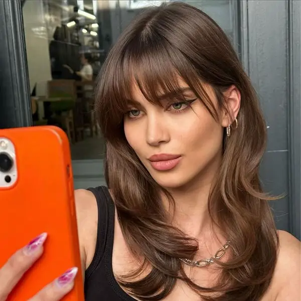 Medium Brown Collarbone Layers With Curtain Bangs — Simple Cut Bangs