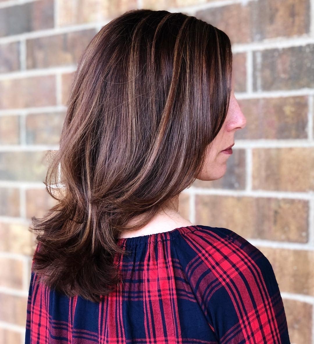 Collarbone Dark Brown Auburn Highlights Blowout With Curtain Bangs Collarbone Dark Brown Auburn Highlights Blowout With Curtain Bangs — Simple Dark Auburn Hair