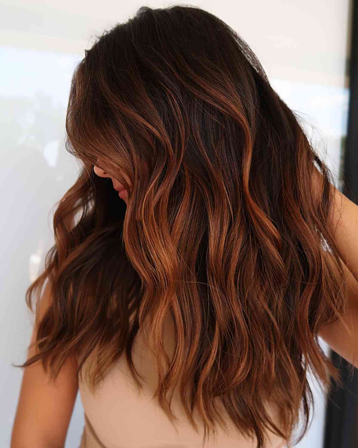Dark Brown With Auburn Balayage Waves and Wavy Blowout Dark Brown With Auburn Balayage Waves and Wavy Blowout — Simple Dark Auburn Hair