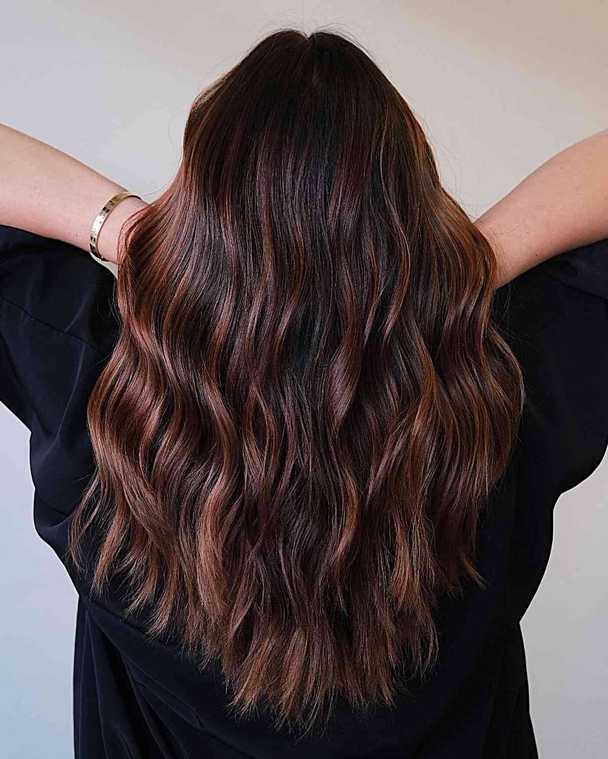 Mid-Back Dark Brown Auburn Balayage With Wavy Blowout Mid-Back Dark Brown Auburn Balayage With Wavy Blowout — Simple Dark Auburn Hair