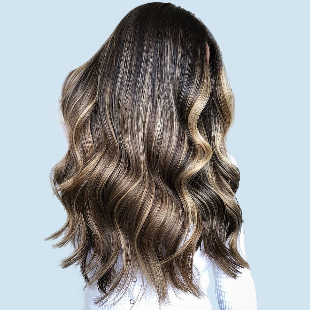 Mid-Back Layers With Dimensional Highlights Mid-Back Layers With Dimensional Highlights — Simple Dark Brown Hair with Blonde