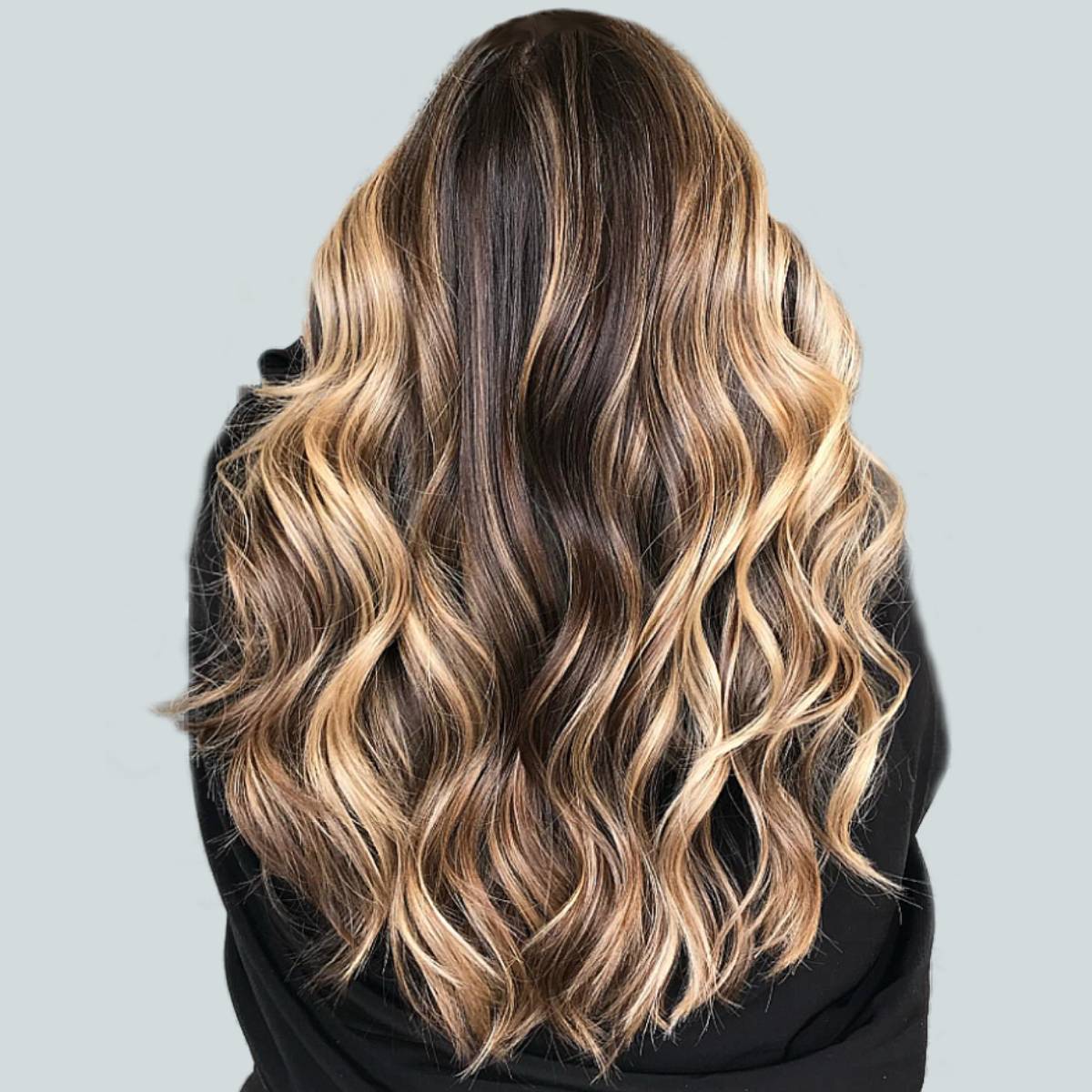 Back View Mid-Back Balayage Waves, Wavy Back View Mid-Back Balayage Waves, Wavy — Simple Dark Brown Hair with Blonde