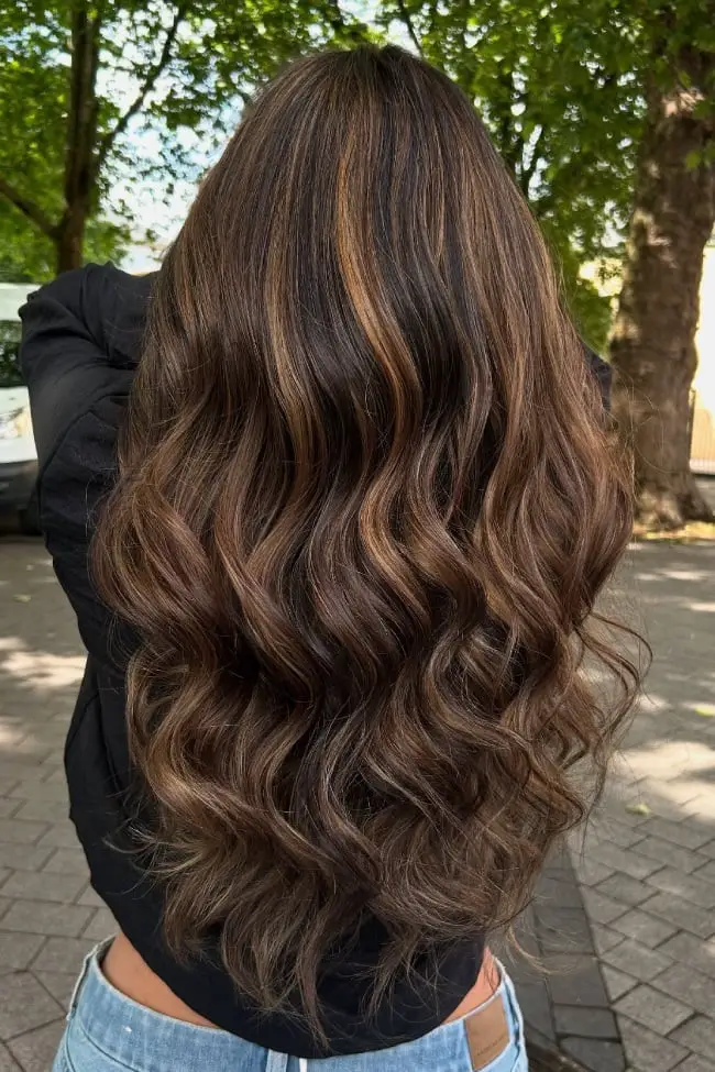 Mid-Back Dark Brown With Rich Caramel Ribbons, Wavy — Simple Dark Brown Hair with Caramel