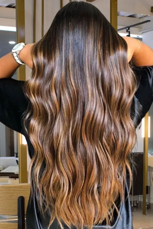 Mid-Back Wavy With Sunlit Caramel Balayage, Layers — Simple Dark Brown Hair with Caramel