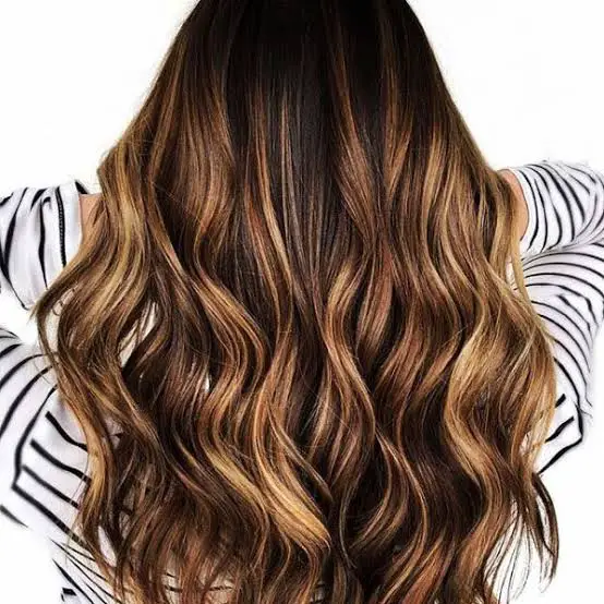Mid-Back Dark Brown With Prominent Caramel Balayage and Loose Waves — Simple Dark Brown Hair with Caramel
