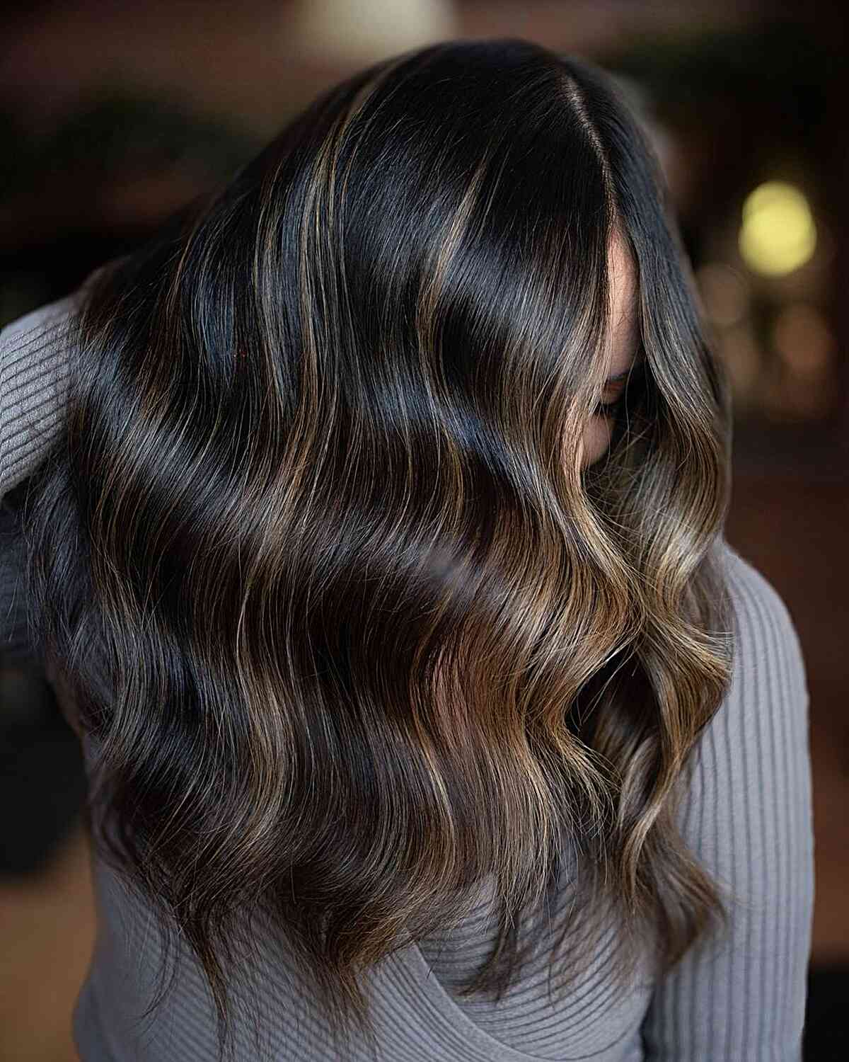 Mid-Back Dark Brown With Warm Caramel Ribbons — Simple Dark Brown Hair with Caramel