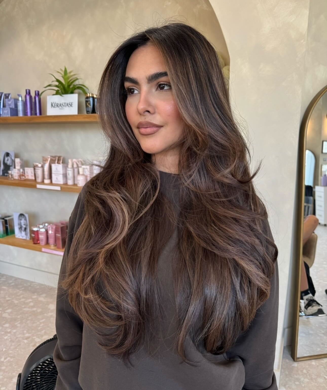 Mid-Back Dark Brown With Contrasting Caramel Balayage, Layers — Simple Dark Brown Hair with Caramel