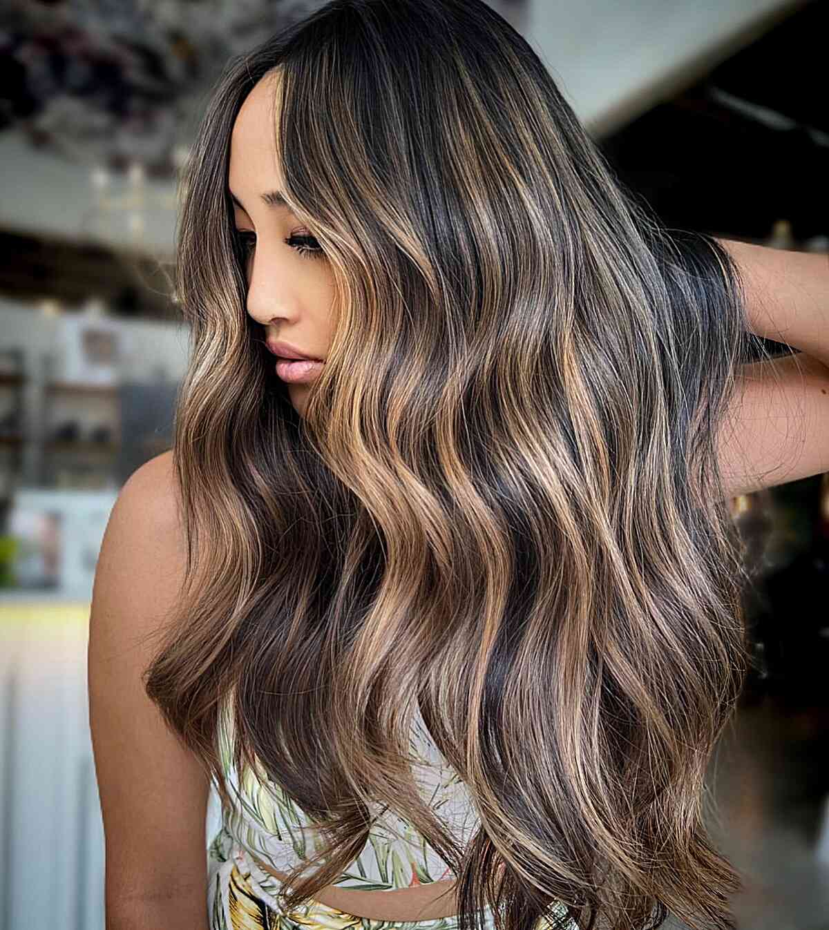 Mid-Back Dark Brown With Seamless Caramel Highlights — Simple Dark Brown Hair with Caramel
