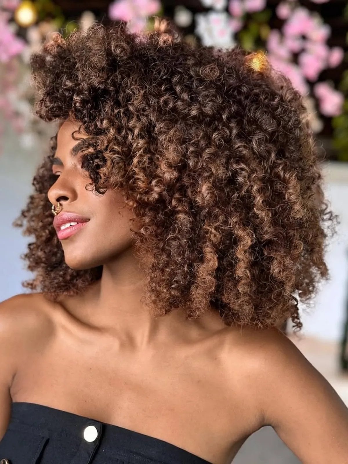 Shoulder-Length Natural Curls With Caramel Highlights — Simple Dark Brown Hair with Caramel