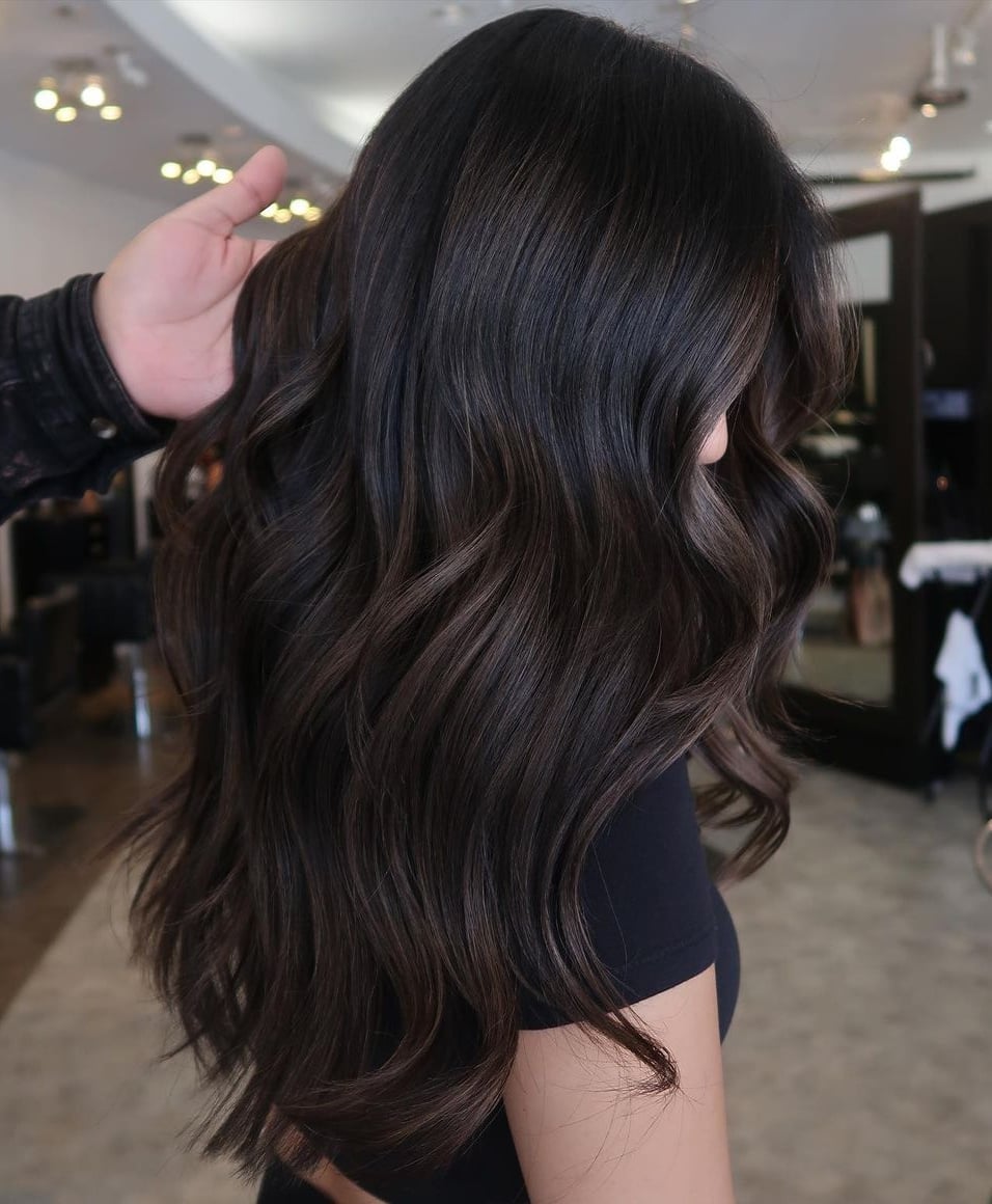 Mid-Back Dark Brown With Lighter Highlights Side View — Simple Dark Brown Highlights