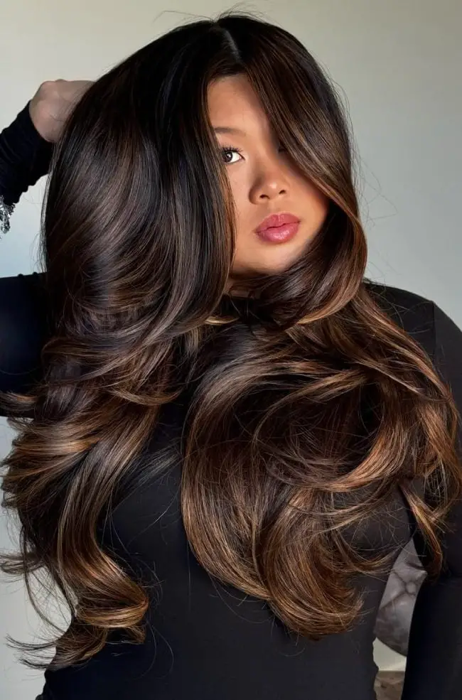 Dark Brown With Caramel Highlights Face-Framing Layers — Simple Dark Brown Highlights