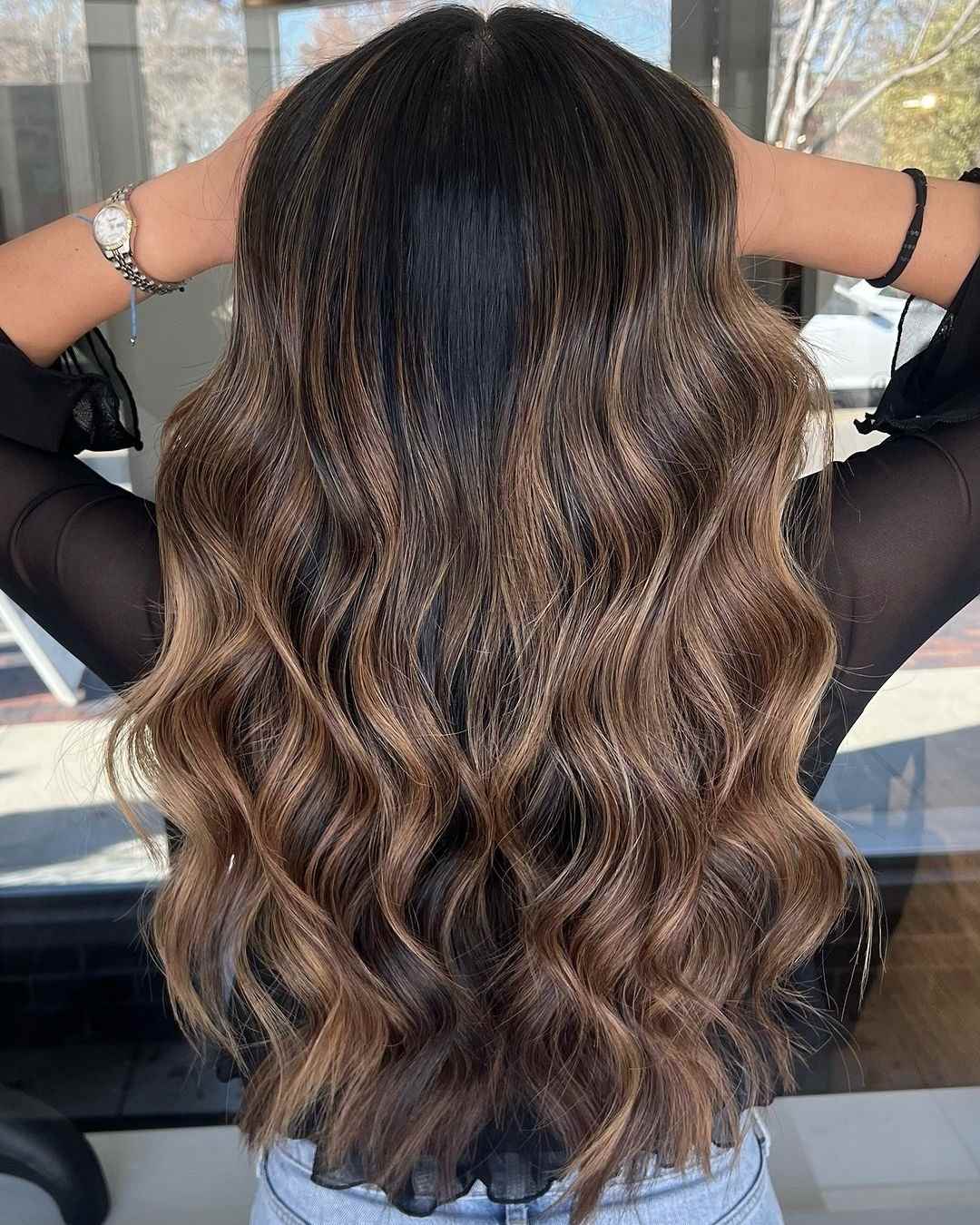 Dark Brown With Caramel and Ash Brown Highlights, Mid-Back Dark Brown With Caramel and Ash Brown Highlights, Mid-Back — Simple Dark Highlights