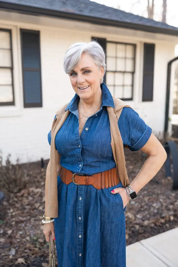 Denim Shirt Dress With Cardigan Drape — Simple Denim Dress Outfits