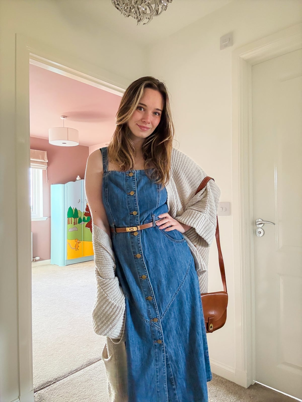 Denim Dress With Cardigan And Belt — Simple Denim Dress Outfits