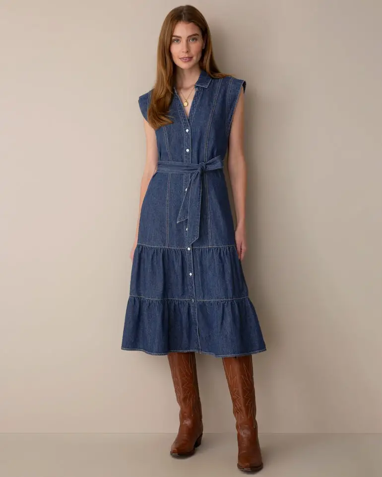 Belted Tiered Denim Midi Dress — Simple Denim Dress Outfits