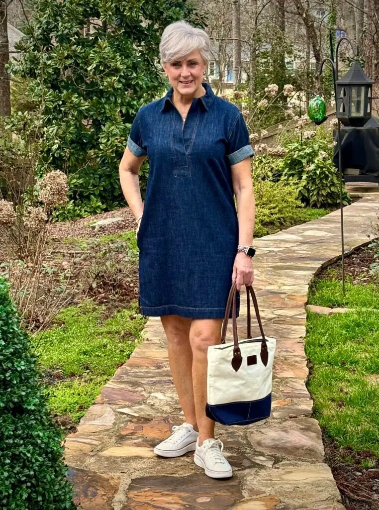 A-Line Denim Dress With Sneakers — Simple Denim Dress Outfits