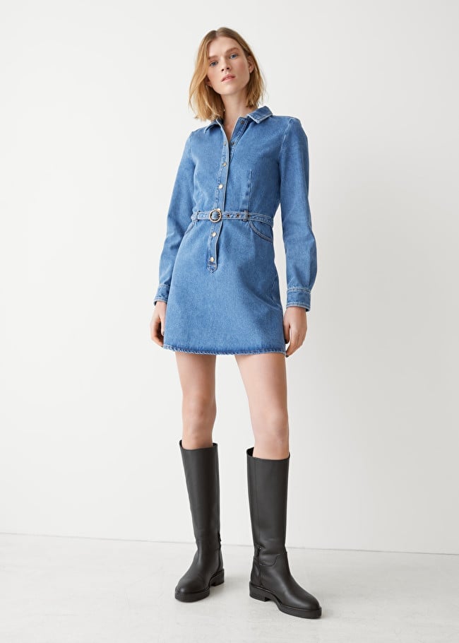 Mini Denim Shirt Dress With Chain Belt — Simple Denim Dress Outfits
