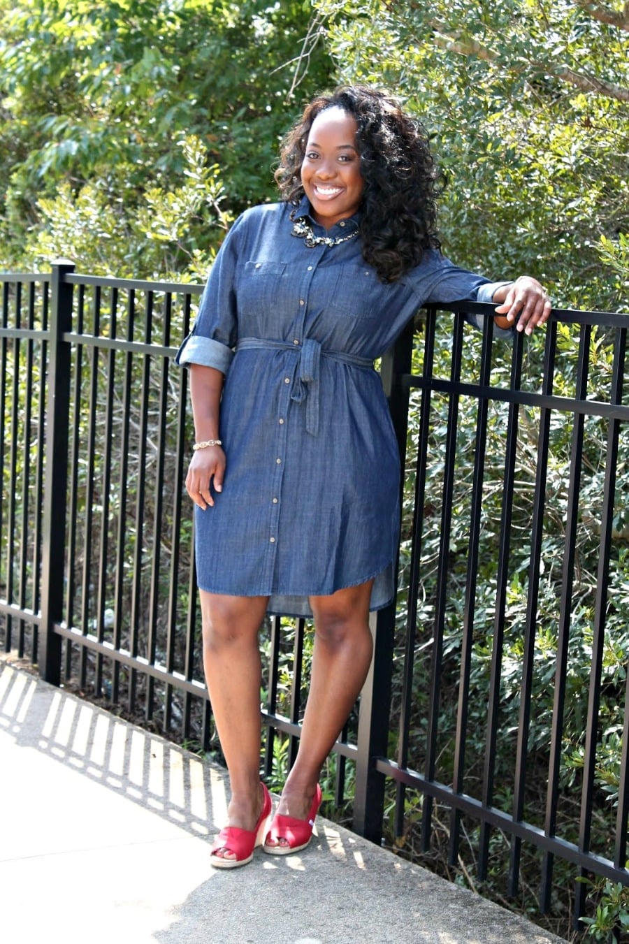 Belted Denim Shirt Dress With Wedges — Simple Denim Dress Outfits