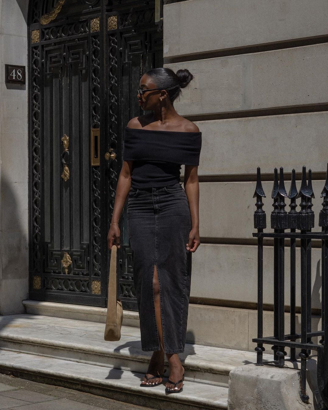 Denim Maxi Skirt With Off-the-Shoulder Knit Top Denim Maxi Skirt With Off-the-Shoulder Knit Top — Simple Denim Skirt Outfits