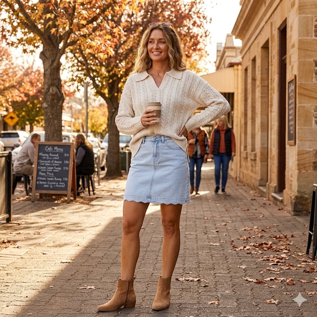 Denim Midi Skirt With Scalloped Hem And Knit Sweater Denim Midi Skirt With Scalloped Hem And Knit Sweater — Simple Denim Skirt Outfits