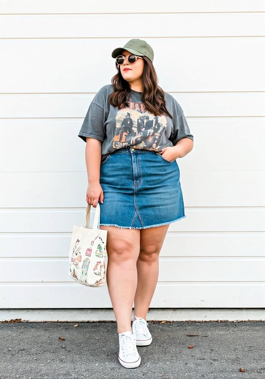 Denim Mini Skirt With Graphic T-shirt And Sneakers Denim Mini Skirt With Graphic T-shirt And Sneakers — Simple Denim Skirt Outfits