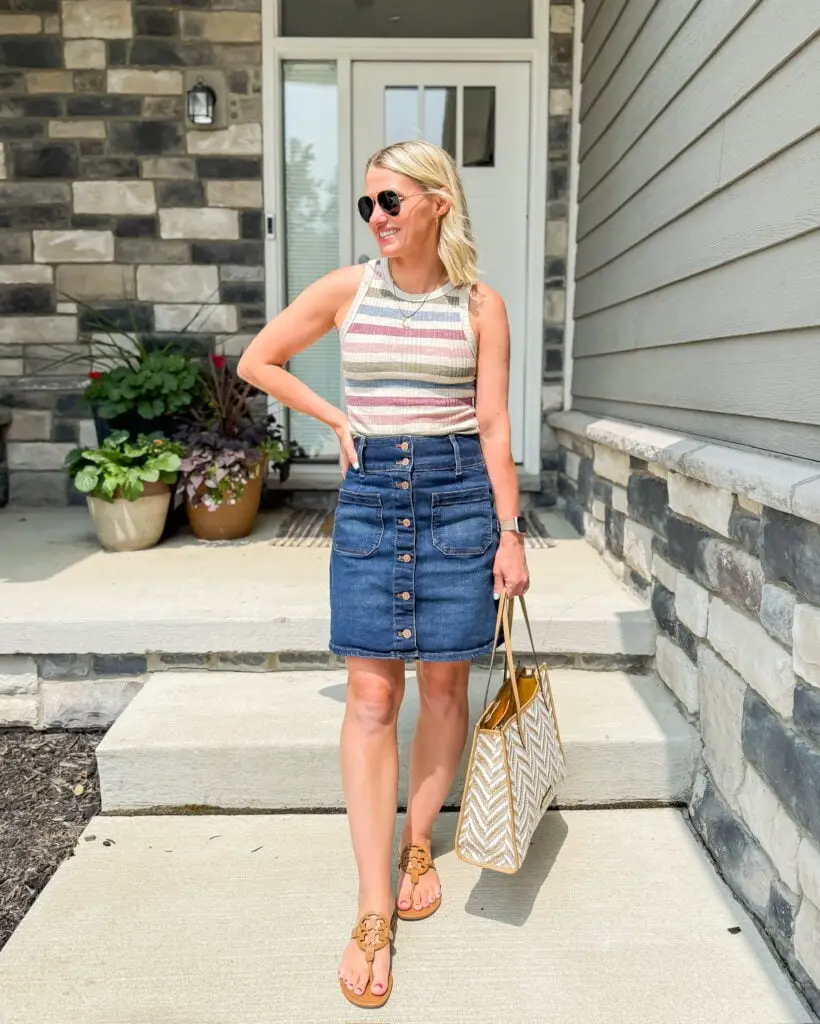 Button-Front Denim Skirt With Striped Tank Top Button-Front Denim Skirt With Striped Tank Top — Simple Denim Skirt Outfits