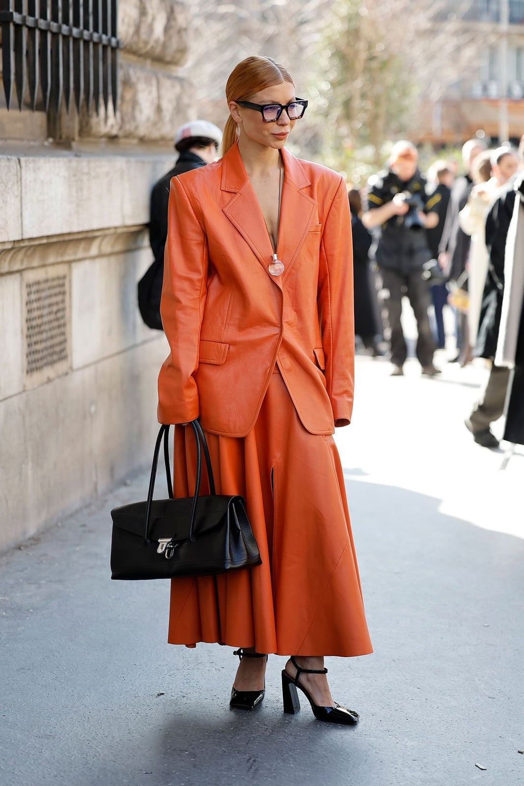 Bright Orange Oversized Blazer and Flared Skirt Suit Bright Orange Oversized Blazer and Flared Skirt Suit — Simple Dinner Outfits
