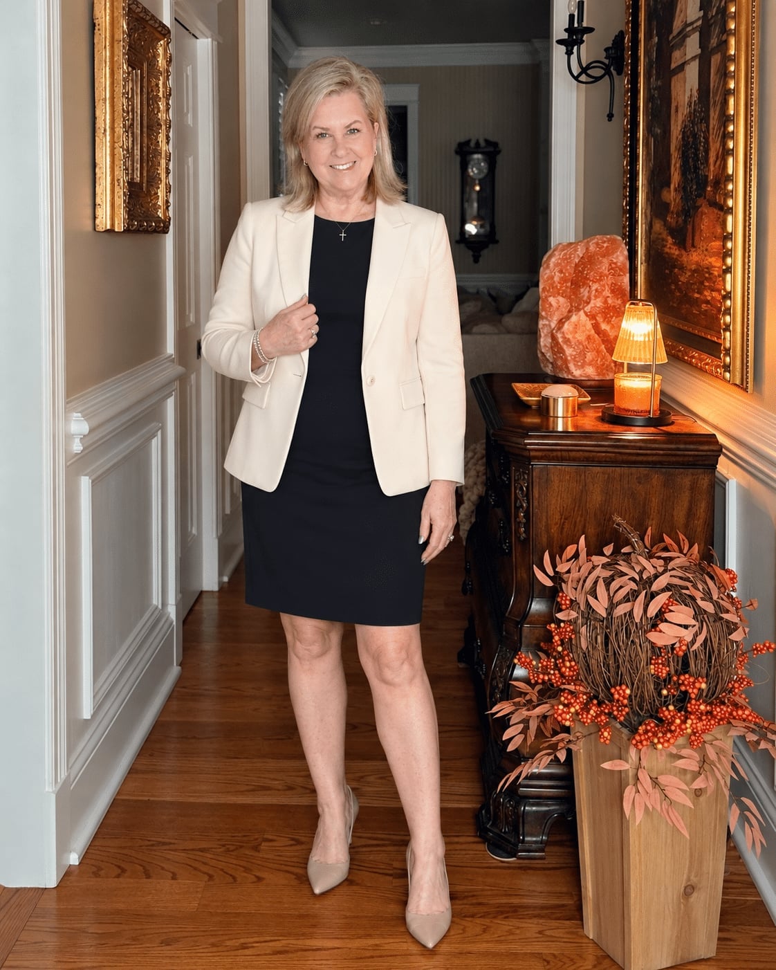 Cream Blazer Over a Black Sheath Dress Cream Blazer Over a Black Sheath Dress — Simple Dinner Outfits