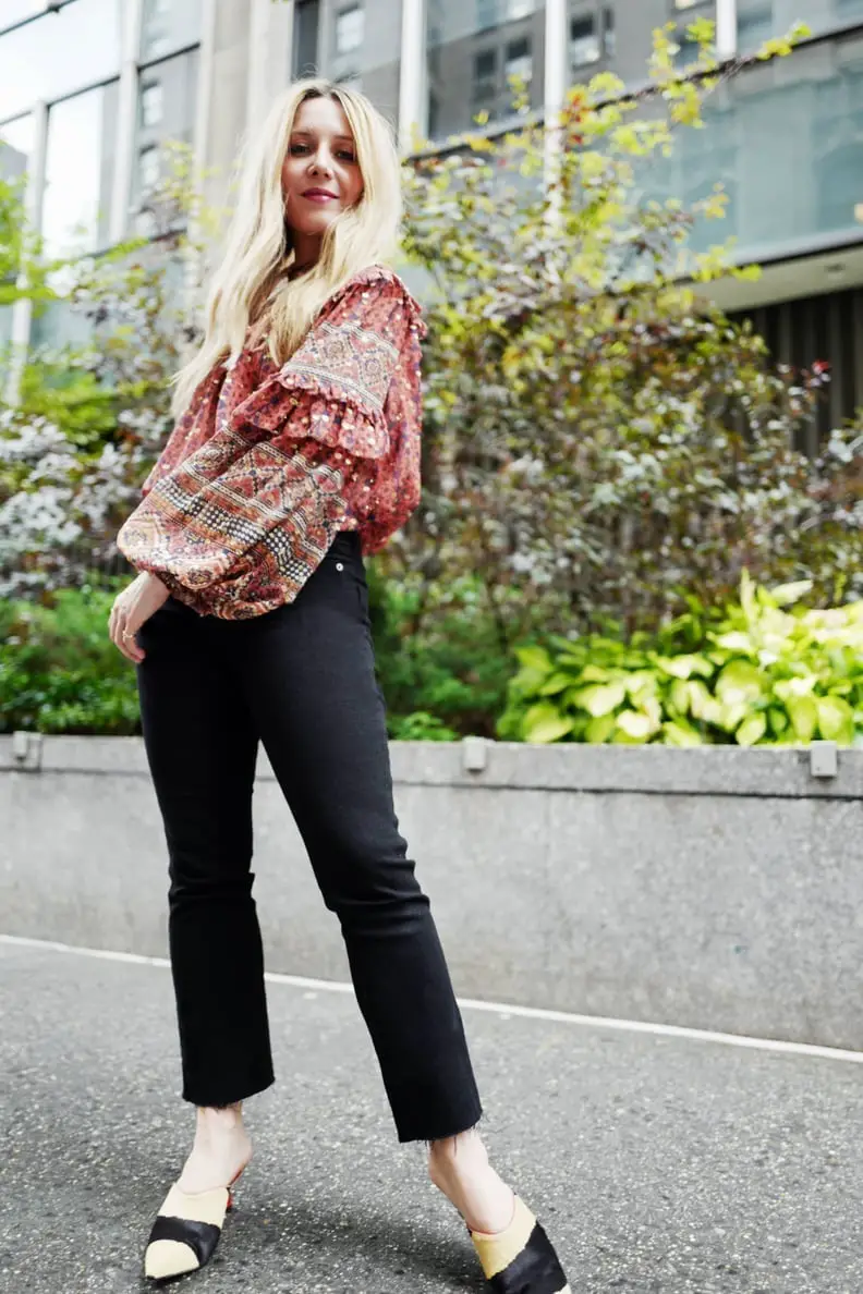 Printed Blouse with Black Straight-Leg Jeans Printed Blouse with Black Straight-Leg Jeans — Simple Dinner Outfits