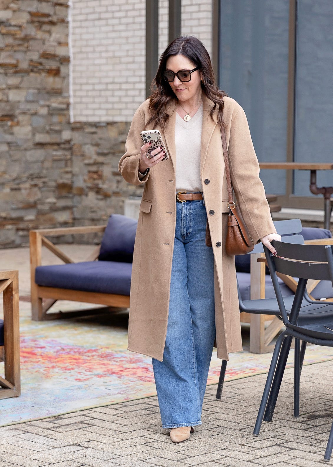 Camel Long Coat Over Cream Sweater and Jeans Camel Long Coat Over Cream Sweater and Jeans — Simple Dinner Outfits